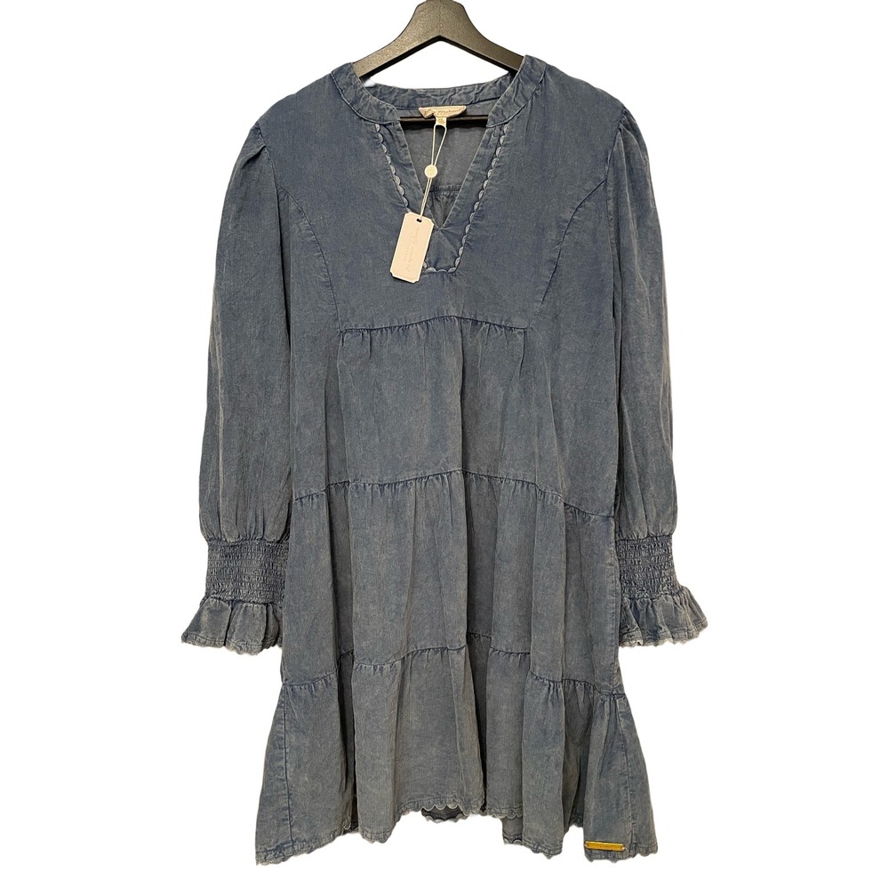 Simply Southern Blue Corduroy Tiered Mini Dress Womens XL NWT MSRP $59.98